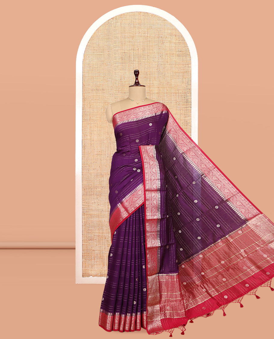 Purple Assam Silk Saree, Elevated with Zari Buttas and Stripes, Complemented by Contrast Floral Creeper Zari Border, Zari Woven Pallu, and Contrast Blouse