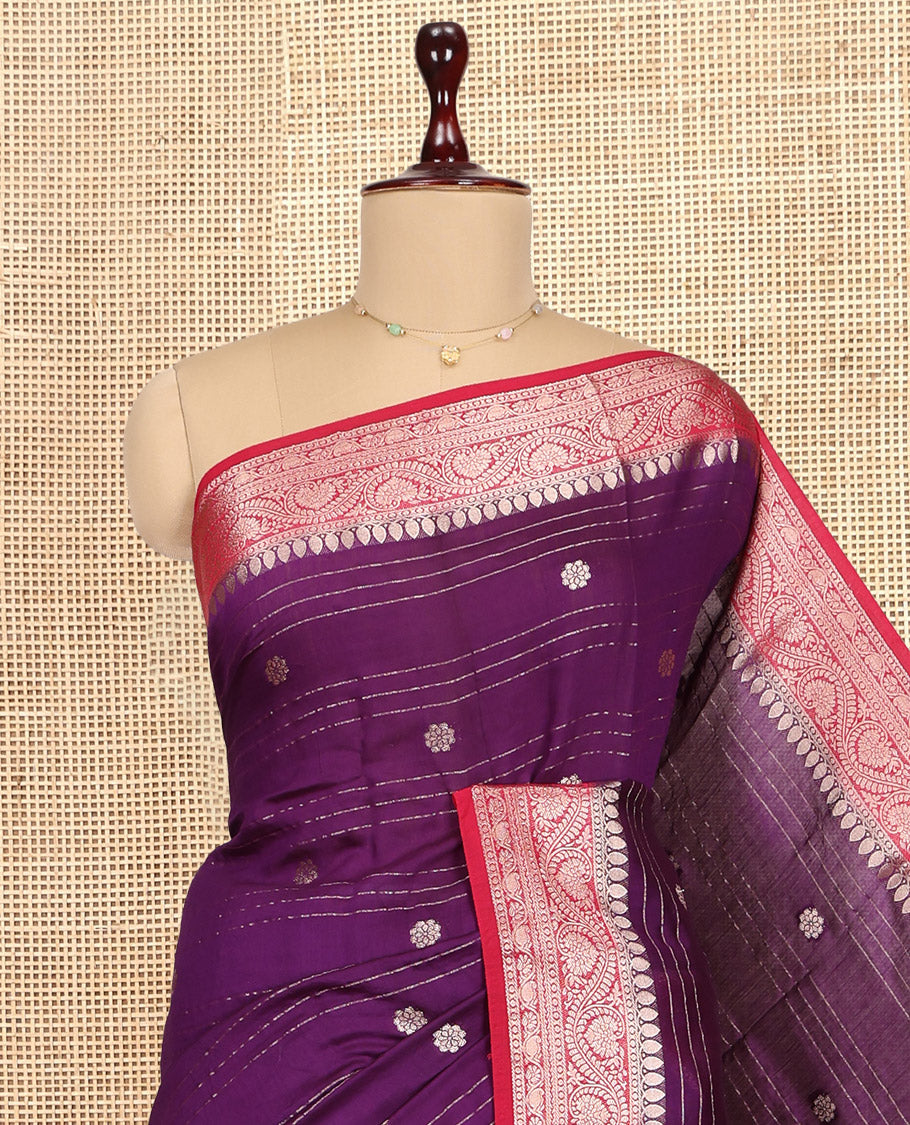 Purple Assam Silk Saree, Elevated with Zari Buttas and Stripes, Complemented by Contrast Floral Creeper Zari Border, Zari Woven Pallu, and Contrast Blouse