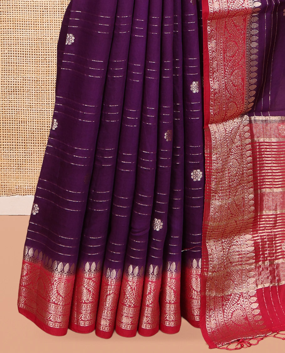 Purple Assam Silk Saree, Elevated with Zari Buttas and Stripes, Complemented by Contrast Floral Creeper Zari Border, Zari Woven Pallu, and Contrast Blouse