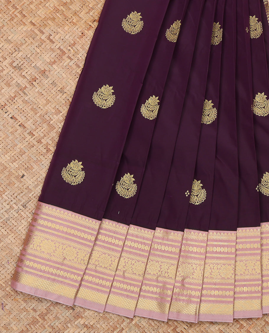Wine Budget Silk Saree, Finely Crafted with Zari Buttas, a Contrast Traditional Zari Border, Geometric Pallu, and a Contrast Blouse