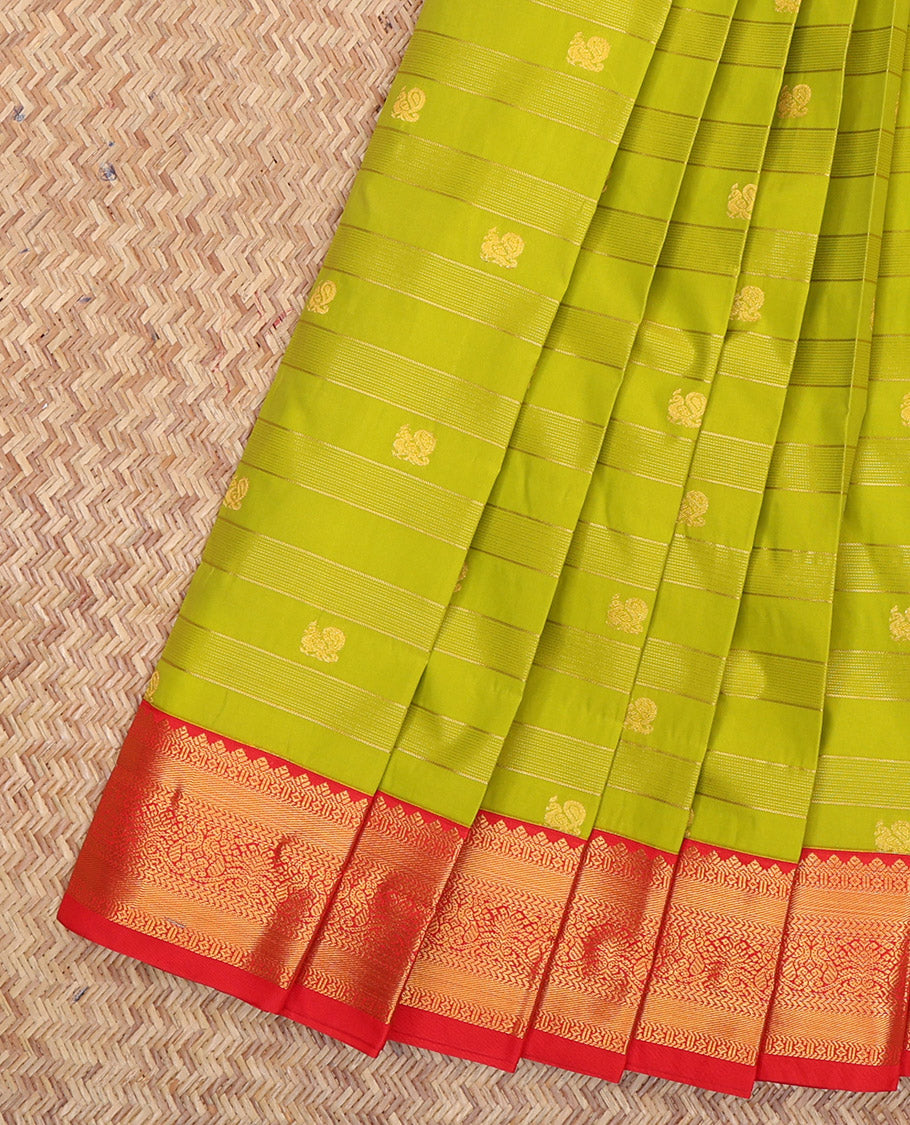 Parrot Green Budget Silk Saree, Mesmerized with Zari Buttas and Stripes, a Contrast Traditional Zari Border, Jaal Pallu, and a Contrast Blouse