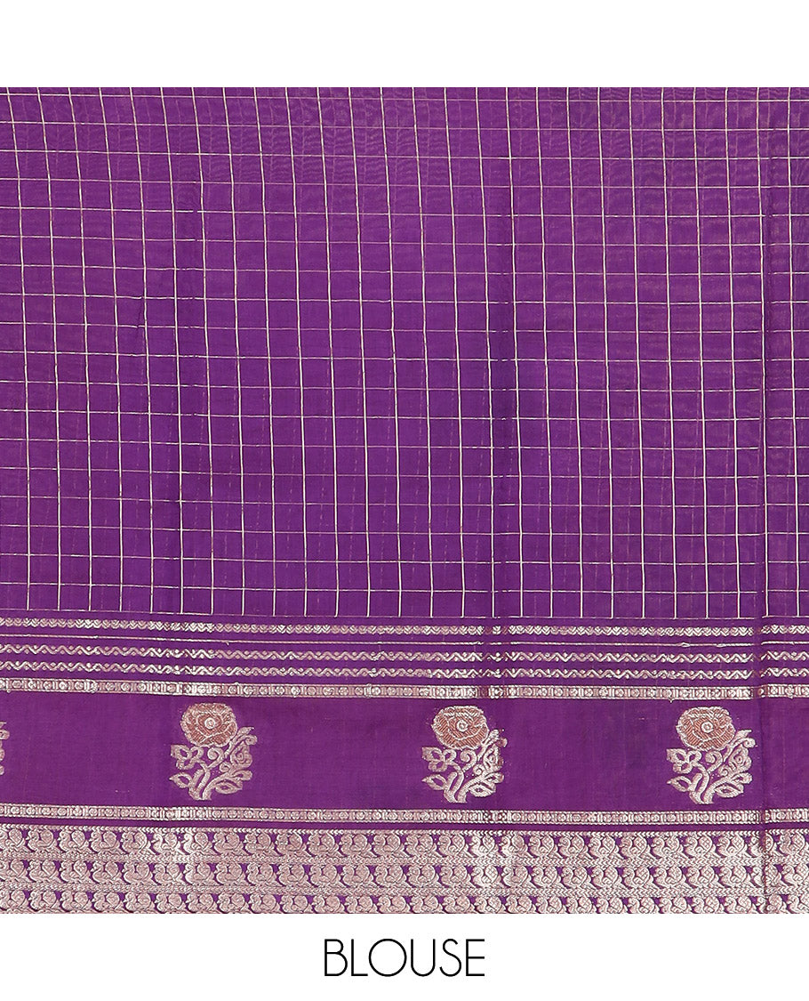 Blue zari checked Assam silk saree, contrast traditional zari border of peacock and floral designs, and pallu of zari stripes