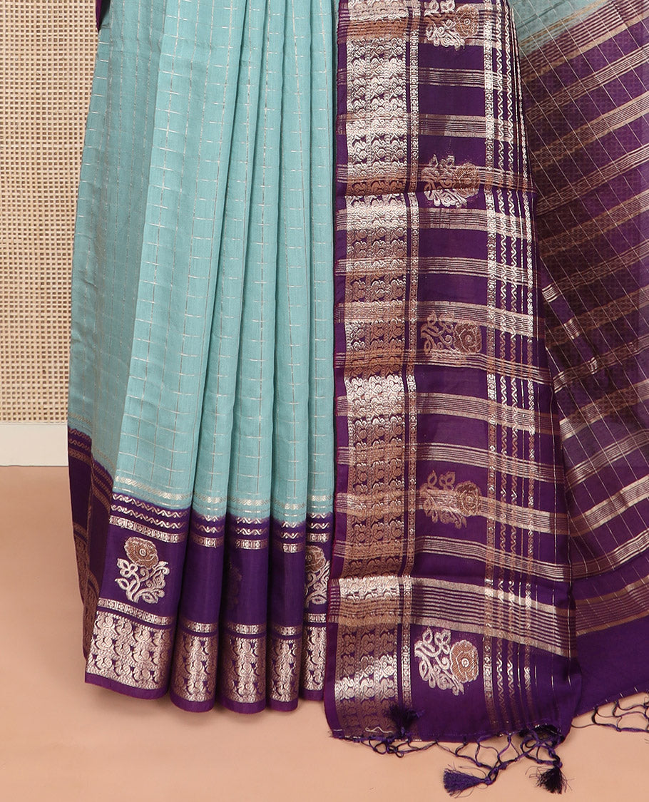Blue zari checked Assam silk saree, contrast traditional zari border of peacock and floral designs, and pallu of zari stripes