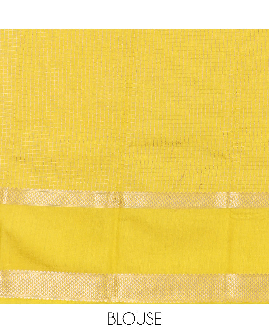 Black Assam Silk Saree Elegantly Sparkled with Zari Checks, Complemented by Contrast Zari Border of Triangle Motifs, a Gleaming Pallu of Zari Stripes, and Paired with a Contrast Blouse