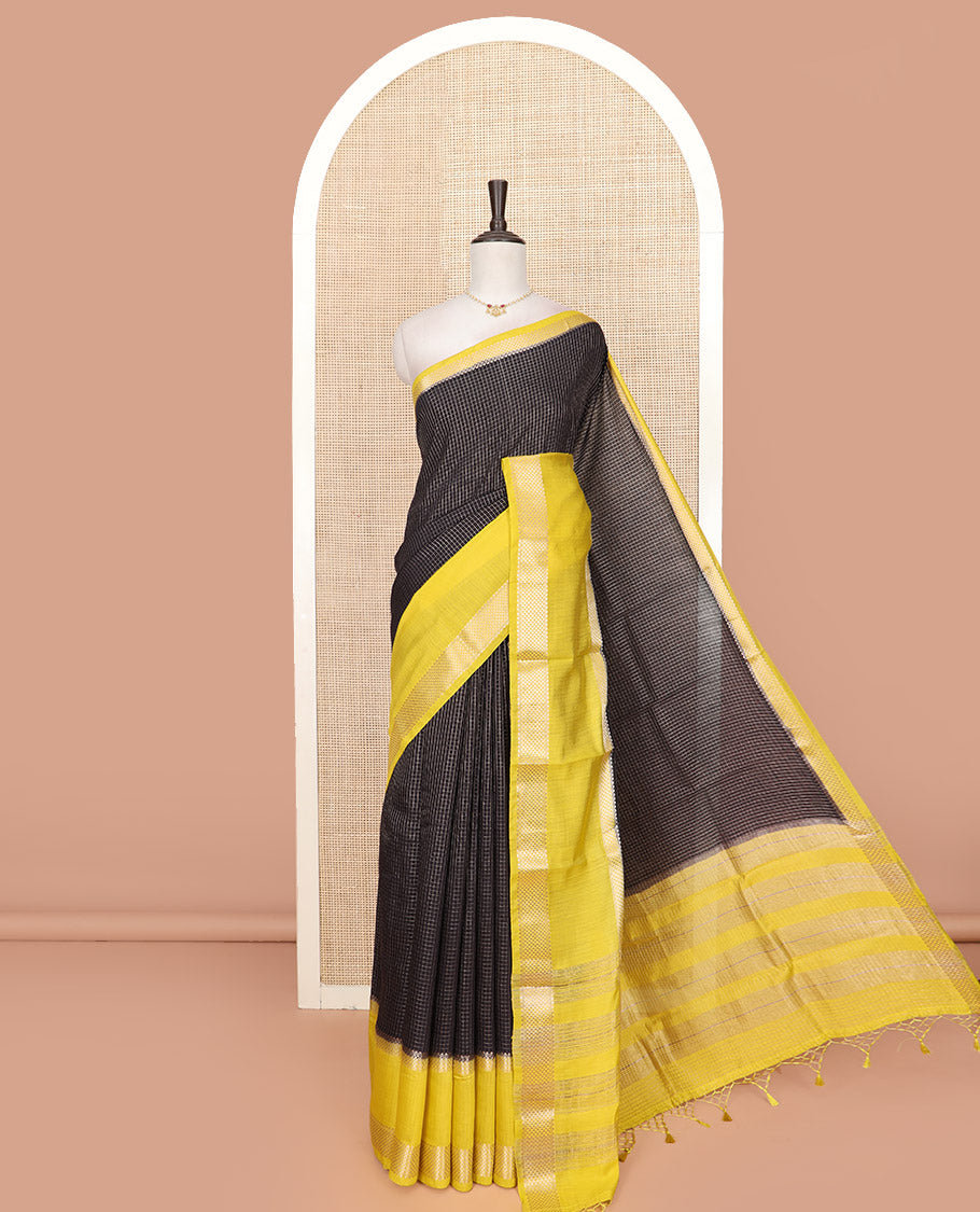 Black Assam Silk Saree Elegantly Sparkled with Zari Checks, Complemented by Contrast Zari Border of Triangle Motifs, a Gleaming Pallu of Zari Stripes, and Paired with a Contrast Blouse