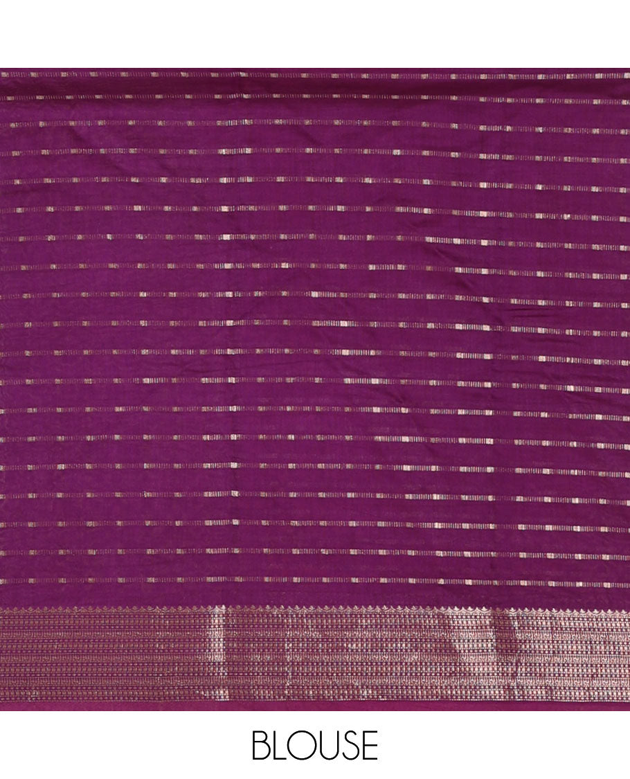 Pink horizontal striped Assam cotton saree, contrast traditional zari border, and zari striped pallu