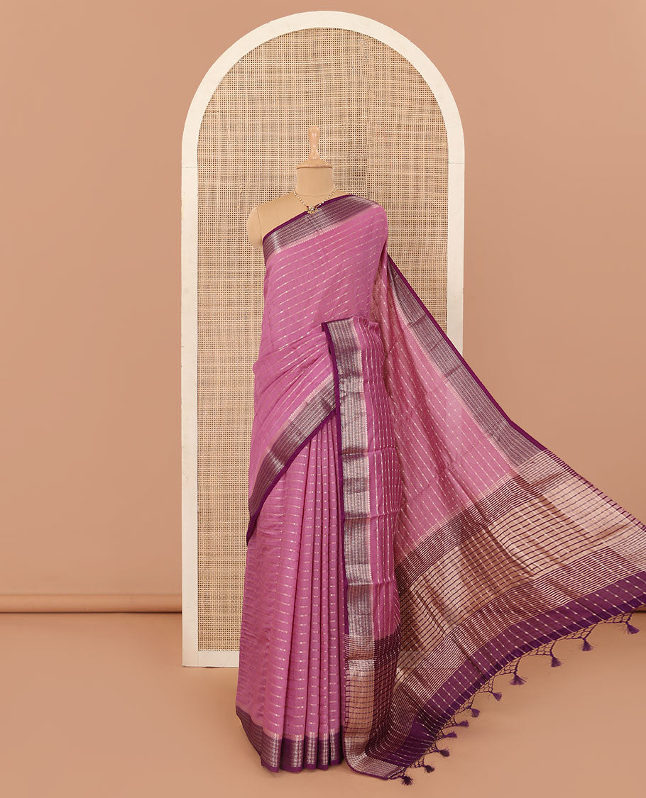 Pink horizontal striped Assam cotton saree, contrast traditional zari border, and zari striped pallu