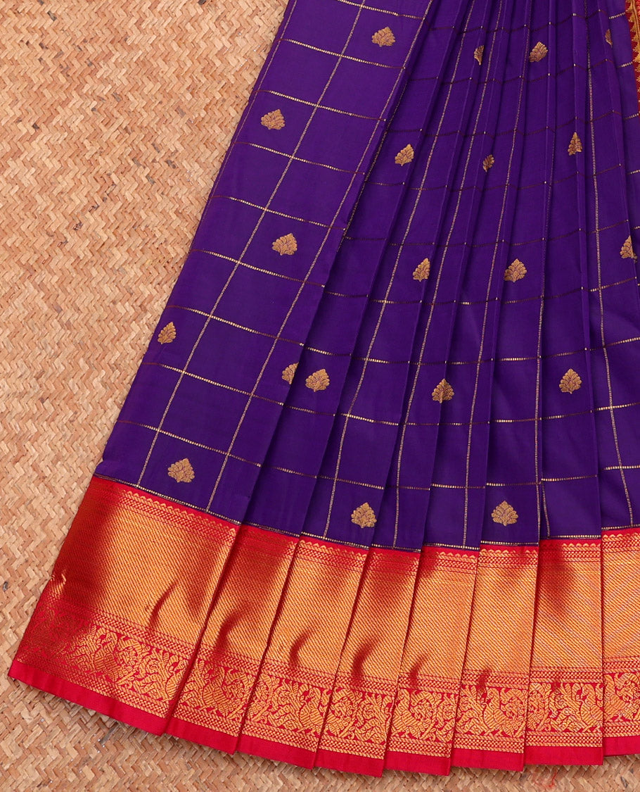 Violet Budget Silk Saree, Bedecked with Zari Buttas and Checks, Complemented by a Contrast Traditional Zari Border, Grand Pallu, and Contrast Blouse