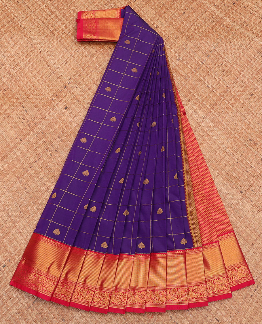 Violet Budget Silk Saree, Bedecked with Zari Buttas and Checks, Complemented by a Contrast Traditional Zari Border, Grand Pallu, and Contrast Blouse