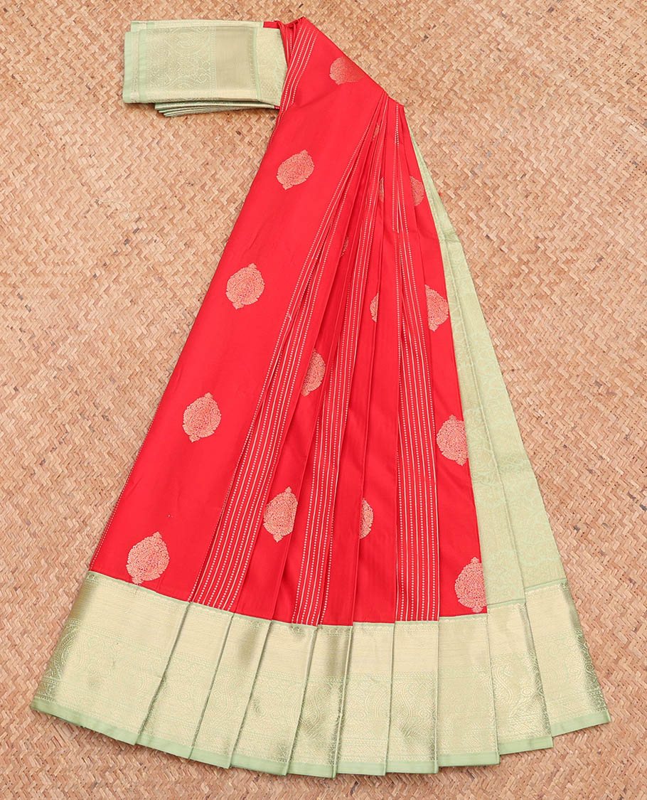 Red Budget Silk Saree, Finely Crafted with Zari Buttas, Complemented by a Contrast Traditional Zari Design Border, Grand Pallu, and a Contrast Blouse