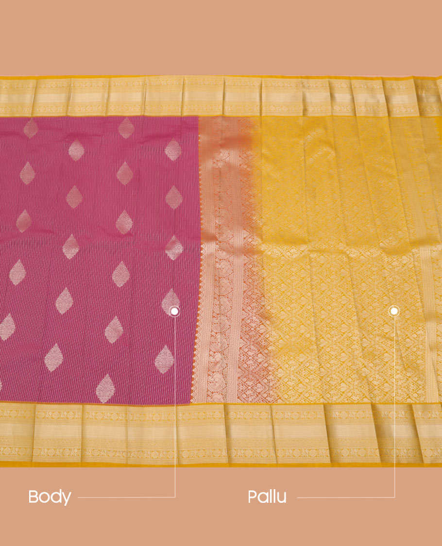 Pink striped and zari motifs budget silk saree, contrast traditional zari design border, and zari-rich jaal pallu