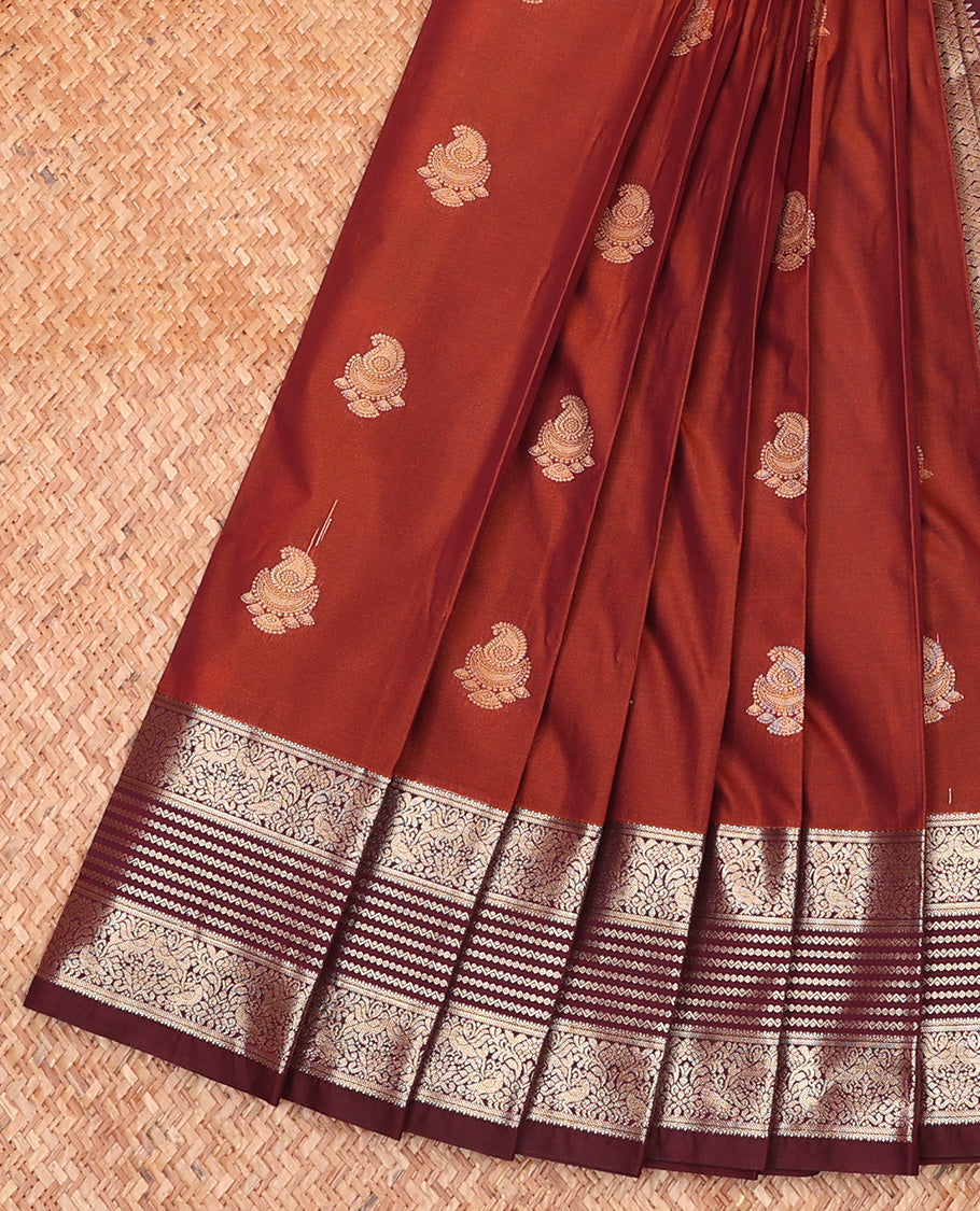 Brown Budget Silk Saree, Beautified with Jhumka Buttas All Over Its Body, Complemented by Contrast Traditional Zari Designs Woven Border, Grand Jaal Pallu and Paired with a Contrast Blouse