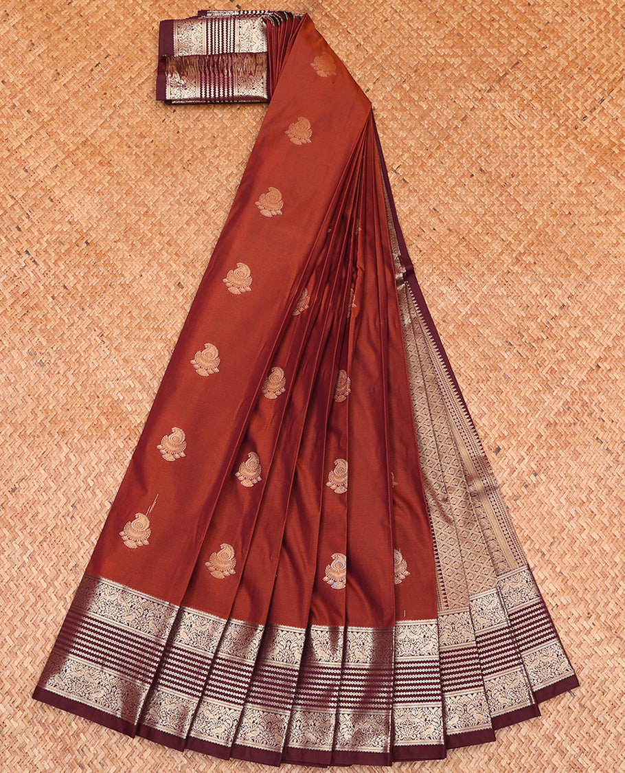 Brown Budget Silk Saree, Beautified with Jhumka Buttas All Over Its Body, Complemented by Contrast Traditional Zari Designs Woven Border, Grand Jaal Pallu and Paired with a Contrast Blouse