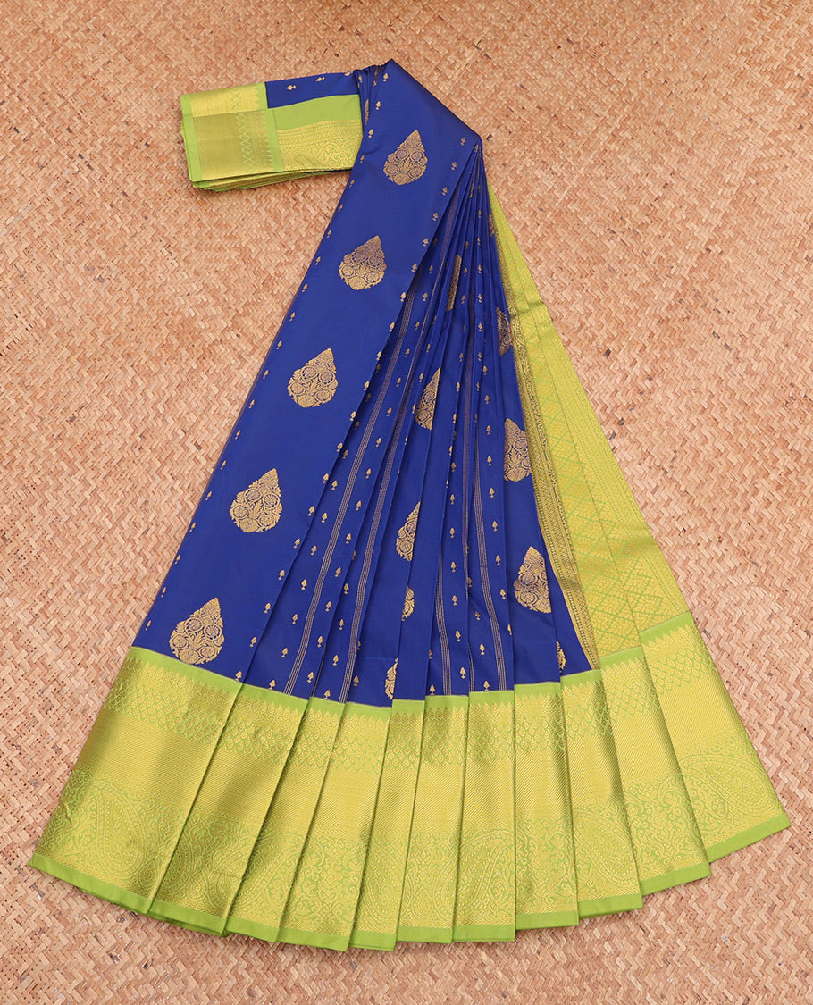 Blue Budget Silk Saree, Detailed with Zari Buttas and Stripes, Complemented by a Contrast Traditional Zari Border, Jaal Pallu, and Contrast Blouse