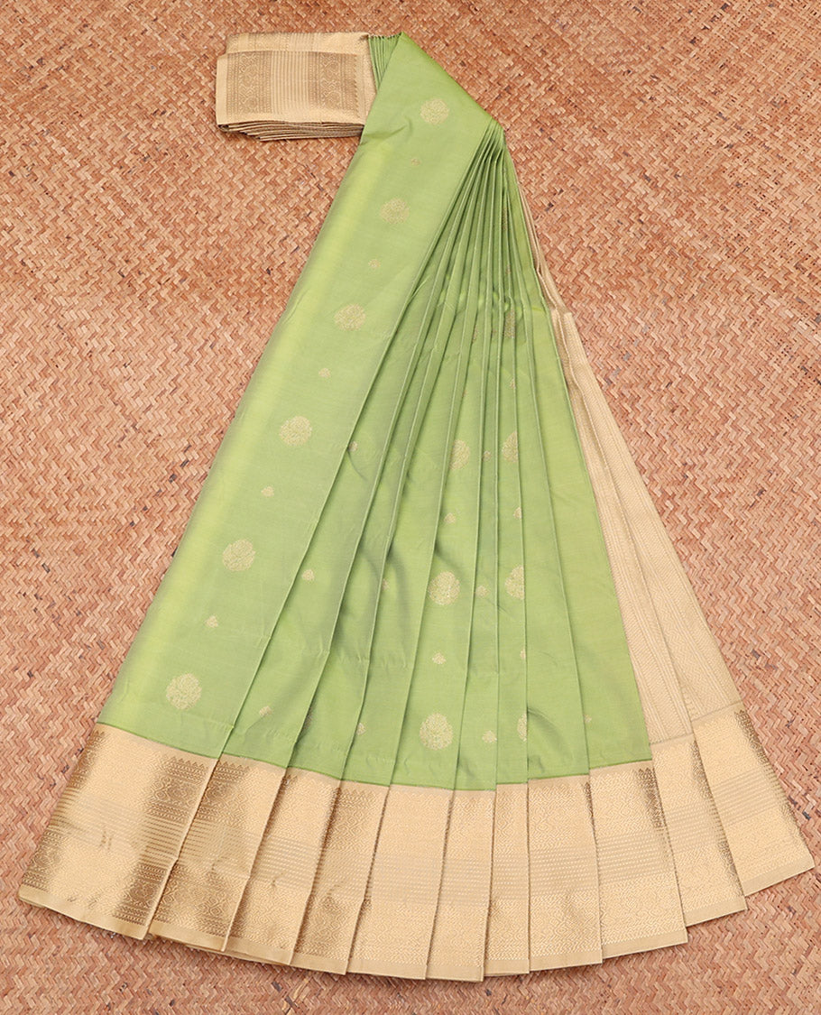 Green Budget Silk Saree, Crafted with Zari Buttas, Complemented by a Contrast Traditional Zari Border, Sparsely Woven Pallu, and a Contrast Blouse