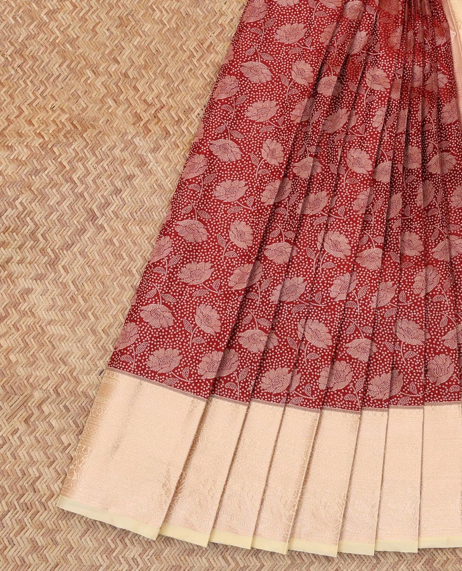 Red Budget Silk Saree, Adorned with Jacquard Design, Complemented by Contrast Traditional Zari Border, a Grand Pallu and a Contrast Blouse