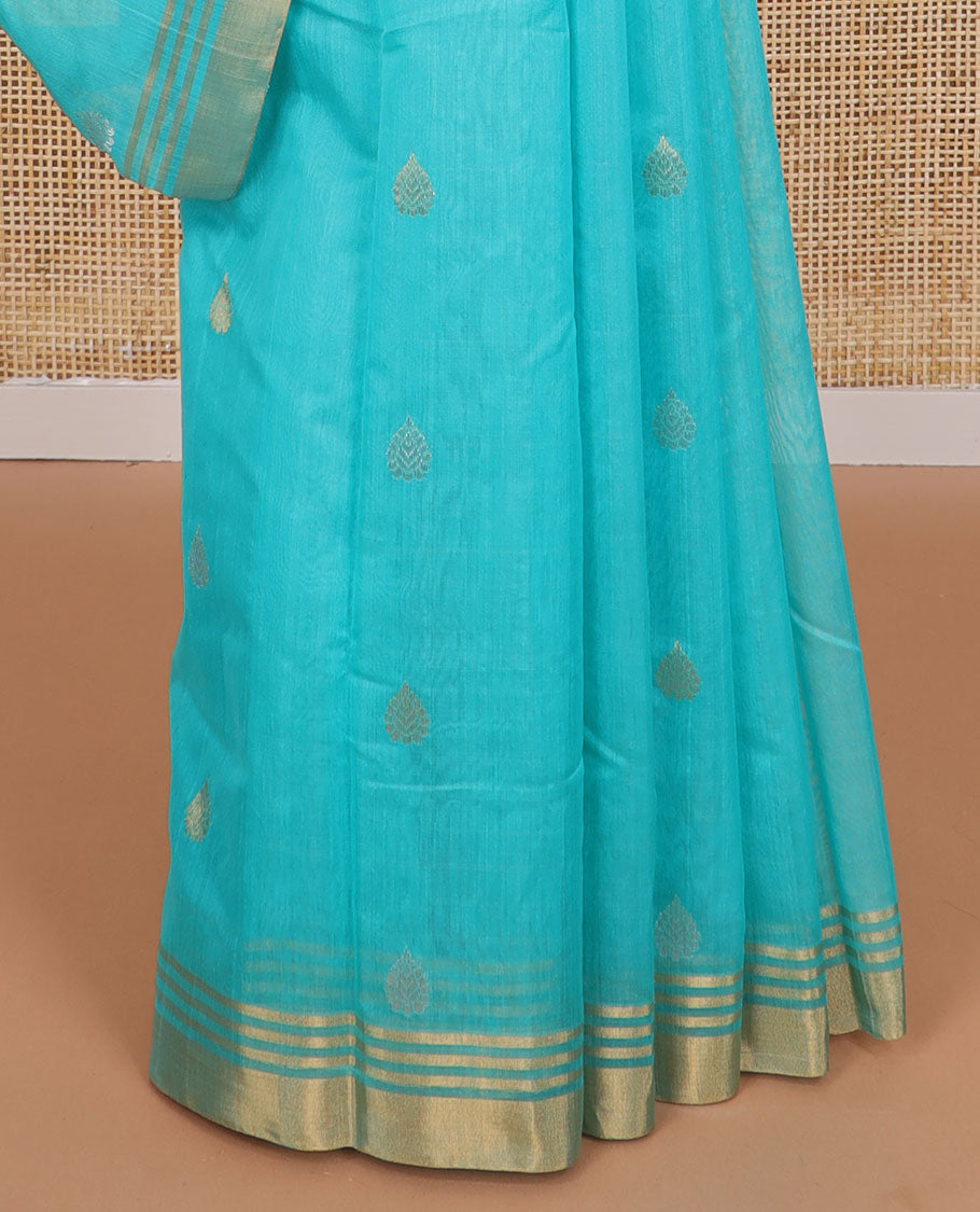 Blue motifs chanderi cotton saree with contrast traditional zari design border & floral design pallu