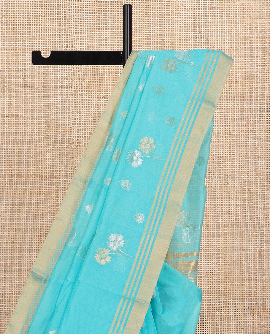 Blue motifs chanderi cotton saree with contrast traditional zari design border & floral design pallu