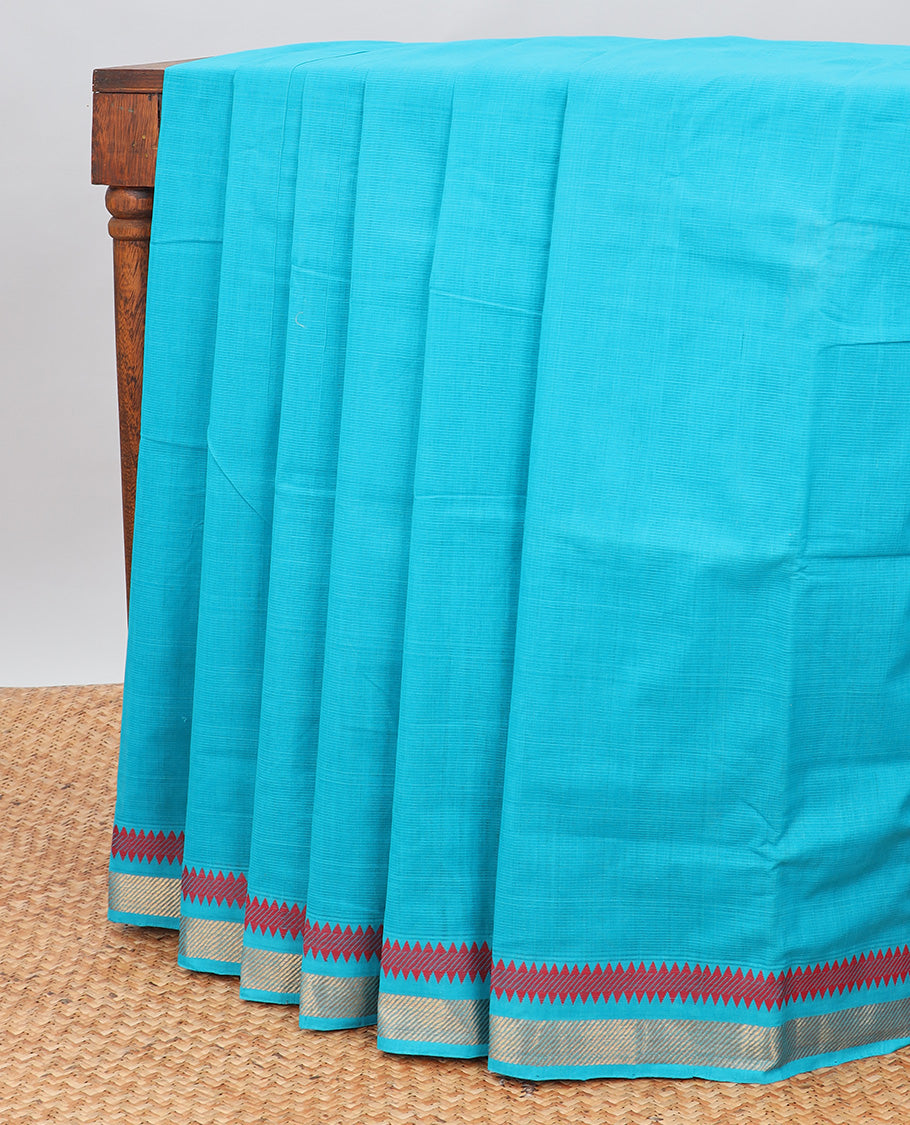 Light blue mangalagiri cotton saree with contrast temple border & striped pallu
