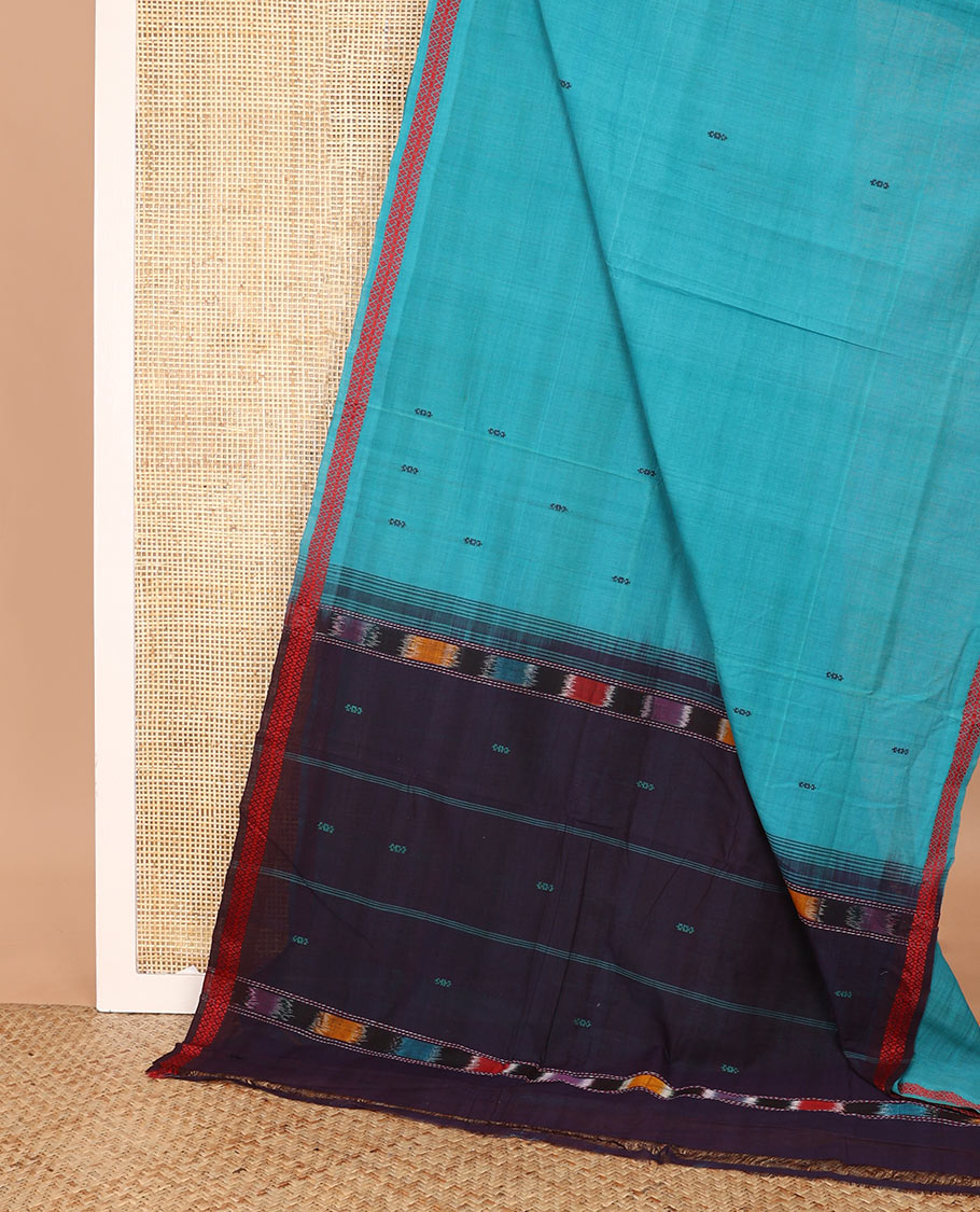 Blue buttas enclosed checked Andhra cotton saree, thread motifs woven border, and contrast thread woven pallu