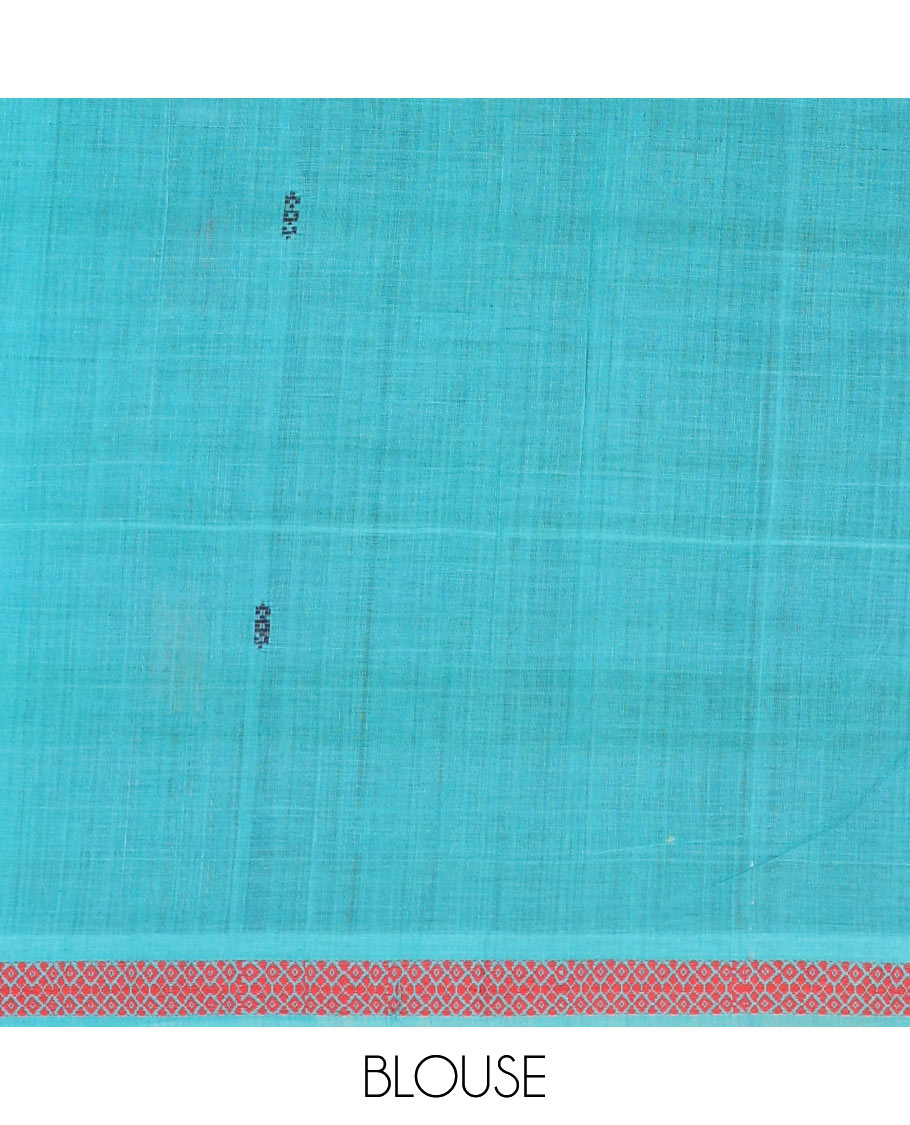 Blue buttas enclosed checked Andhra cotton saree, thread motifs woven border, and contrast thread woven pallu