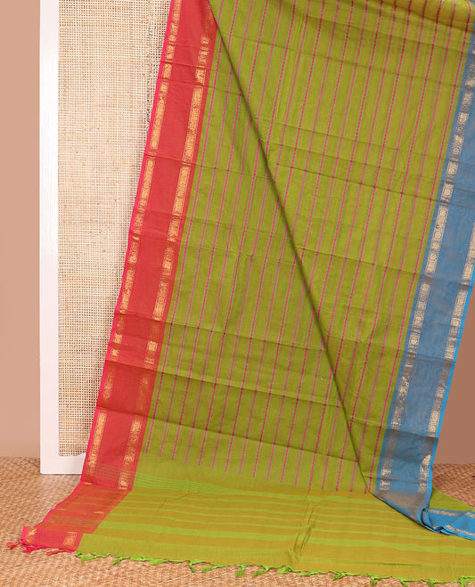 Green thread stripes Chettinad cotton saree, contrast ganga jamuna rettai pettu traditional zari border, and pallu of stripes