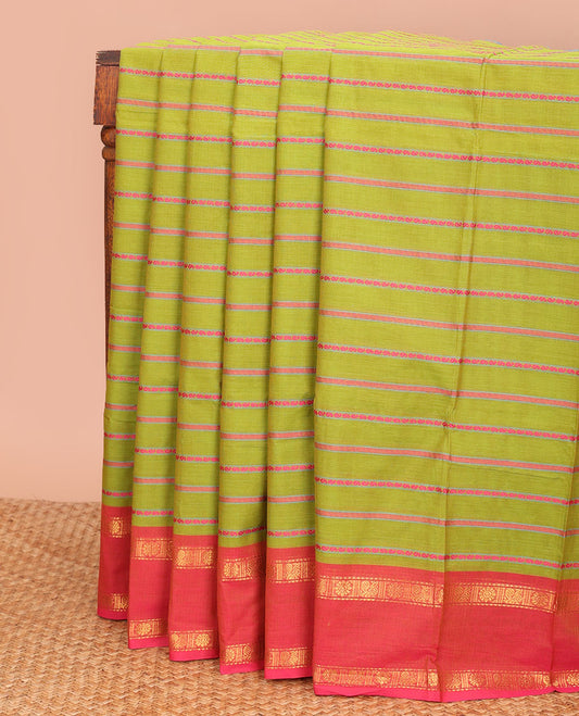 Green thread stripes Chettinad cotton saree, contrast ganga jamuna rettai pettu traditional zari border, and pallu of stripes