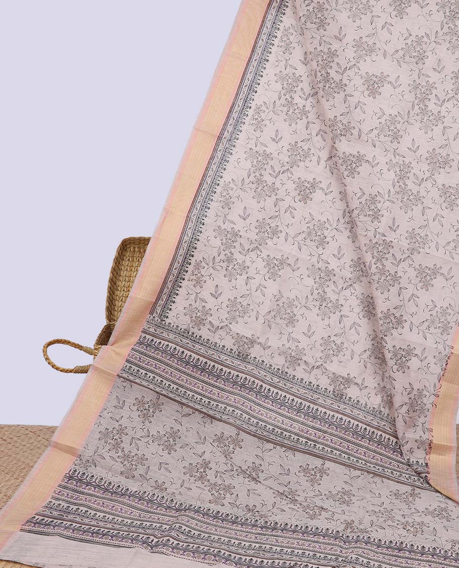 Sandal leaf motifs printed budget cotton saree, plain border & floral printed pallu