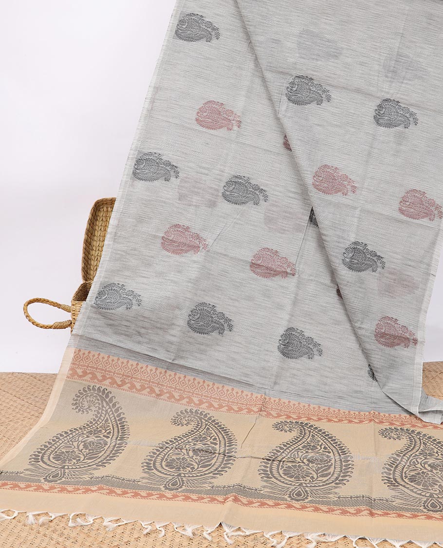 Borderless grey paisley buttas Coimbatore cotton saree, self-pallu of paisley designs