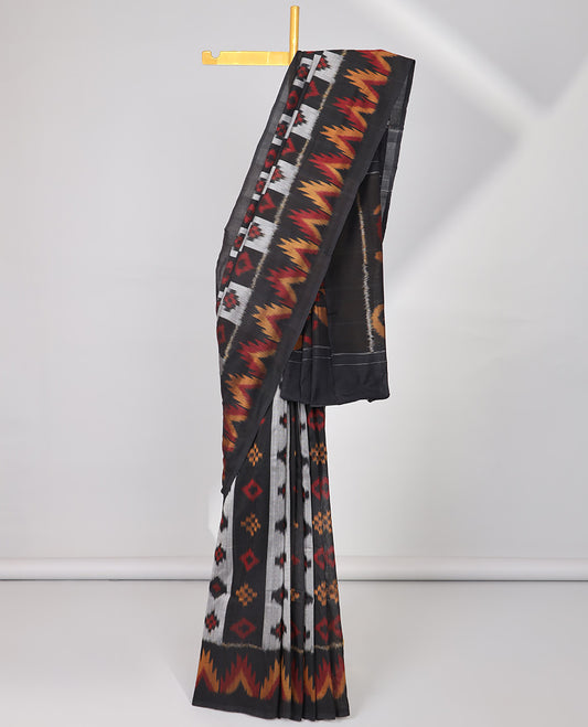 Black striped with motifs ikkat cotton saree with self plain border & peacock design pallu