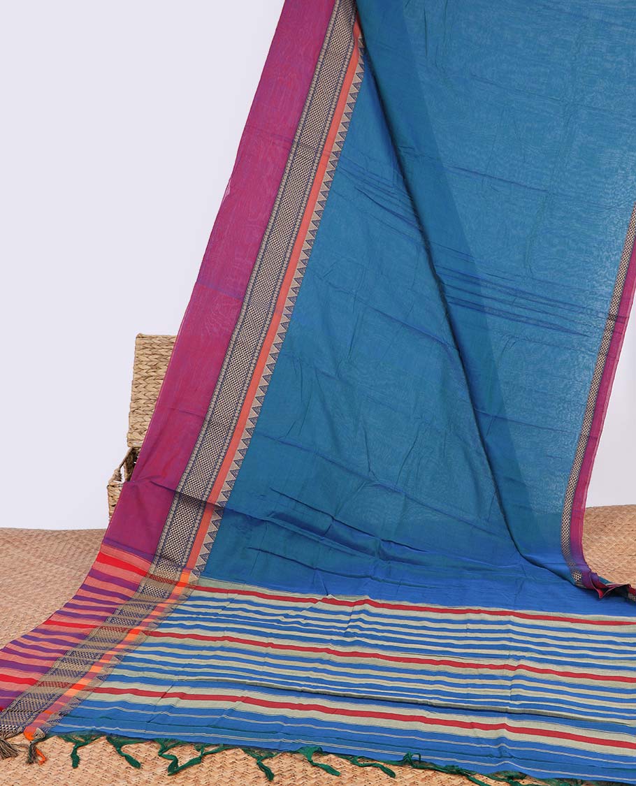 Blue narayanapet cotton saree with contrast temple border & striped pallu