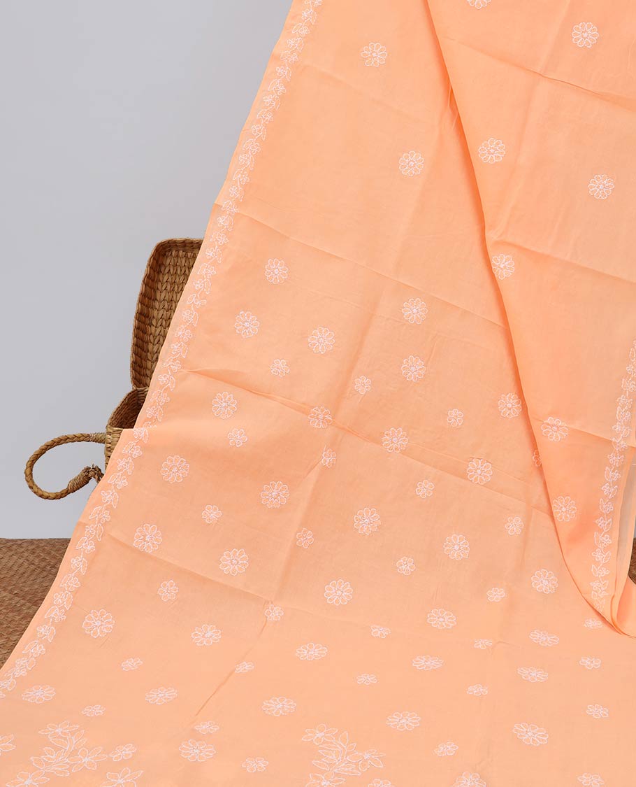 Orange all over flower embroidery lucknowi chikankari cotton with floral vine border