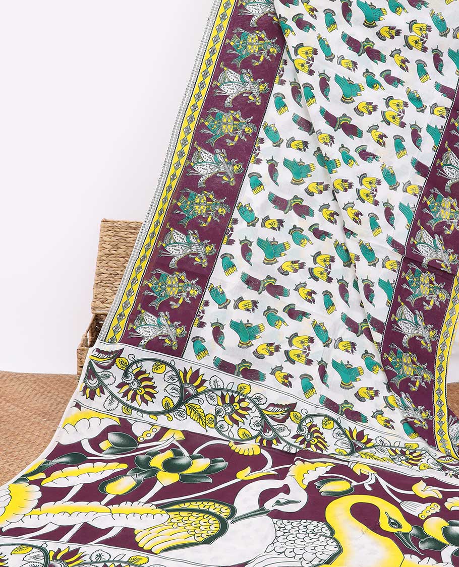 White hand motifs machine-printed kalamkari cotton saree with contrast human design border & floral, peacock design pallu