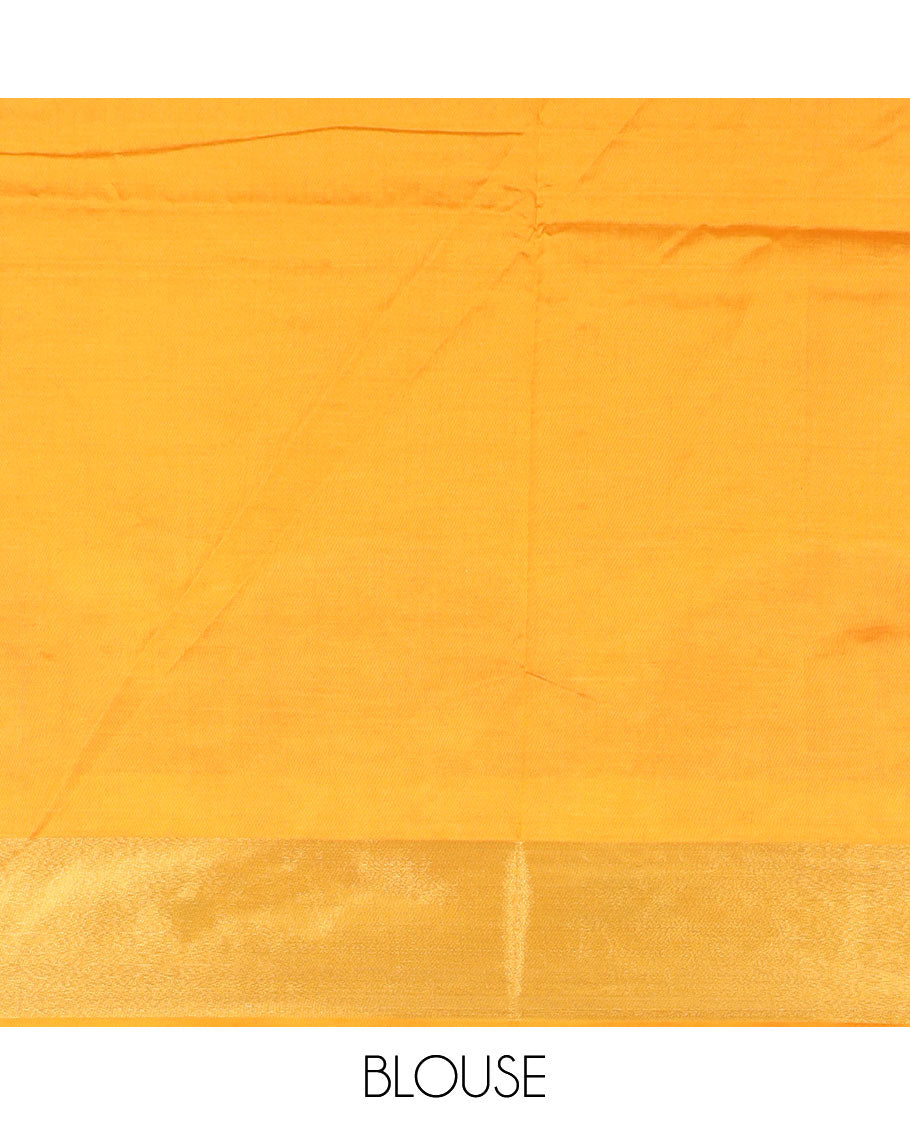 Blue plain poly cotton saree, contrast patola round elephant motifs border, and plain pallu