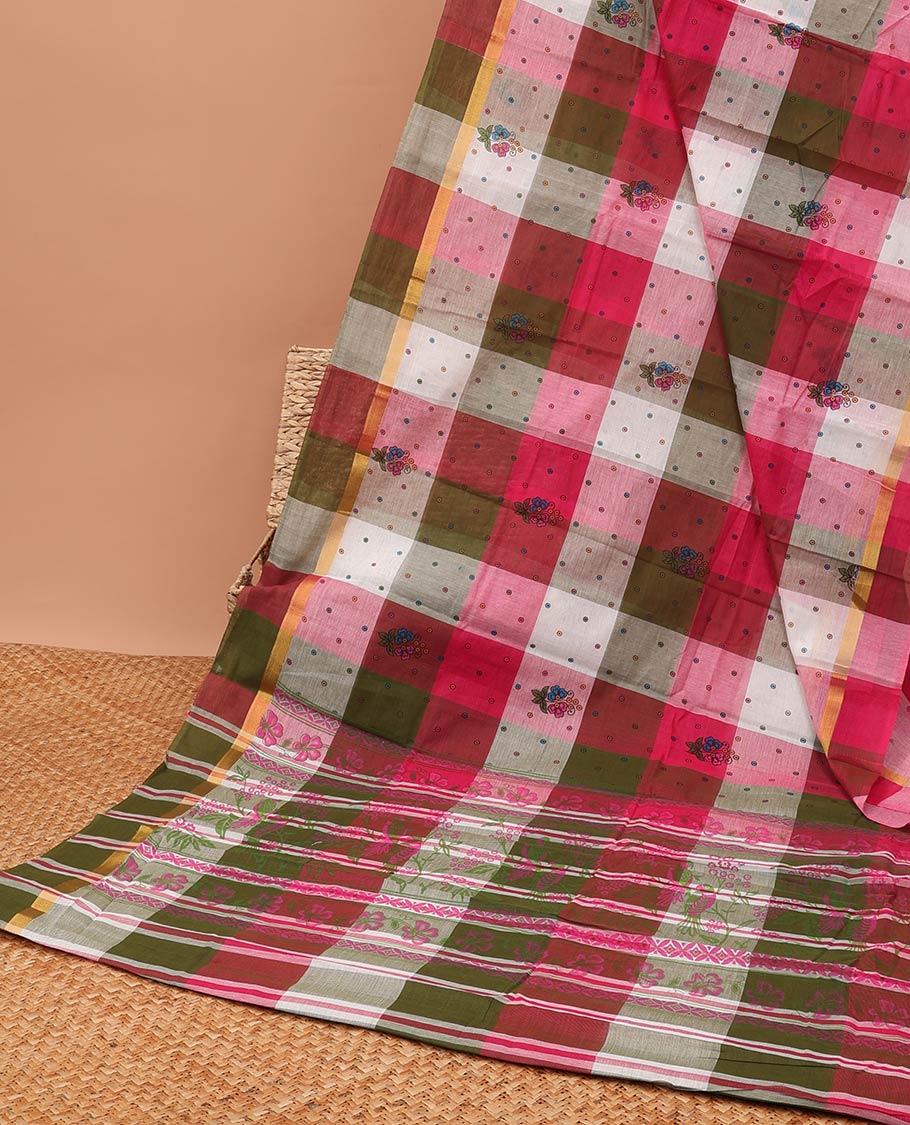 multi-color floral, polka dot design chirla cottton saree with contrast striped border & floral, striped design pallu