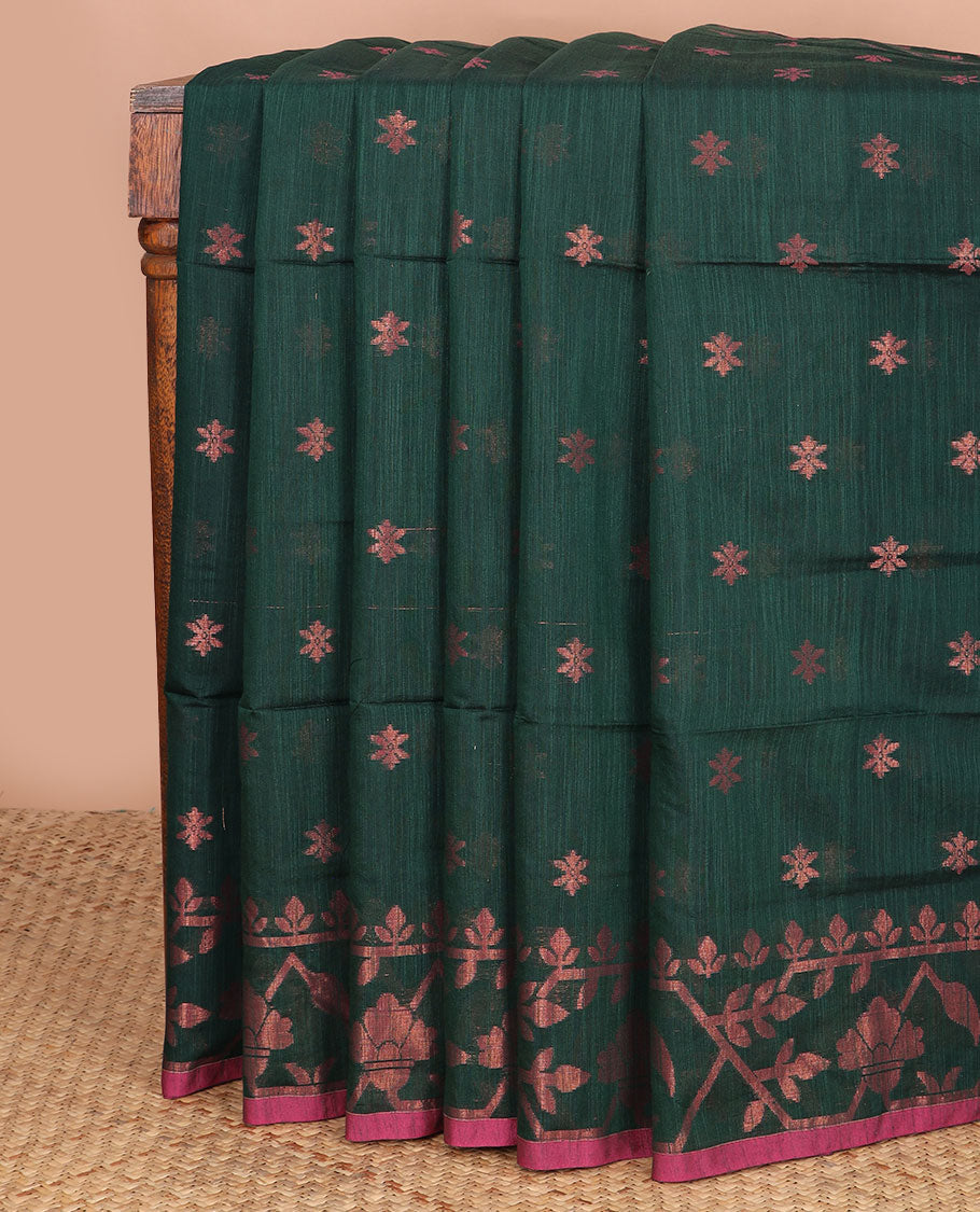 Green zari buttas Kadhi cotton saree, paithani-style floral-theme zari woven border & paithani-style motifs zari woven pallu