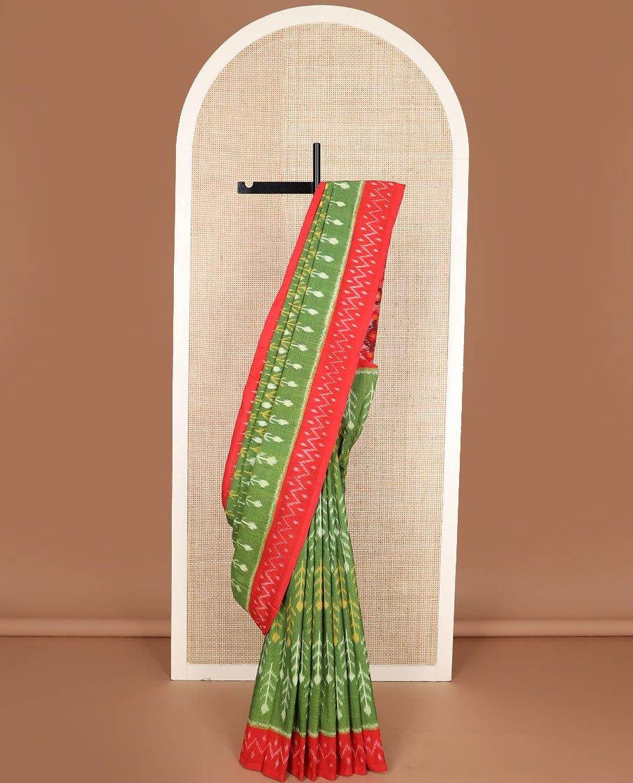 Green floral-style buttas ikkat cotton saree, contrast ikkat border & contrast ikkat design pallu