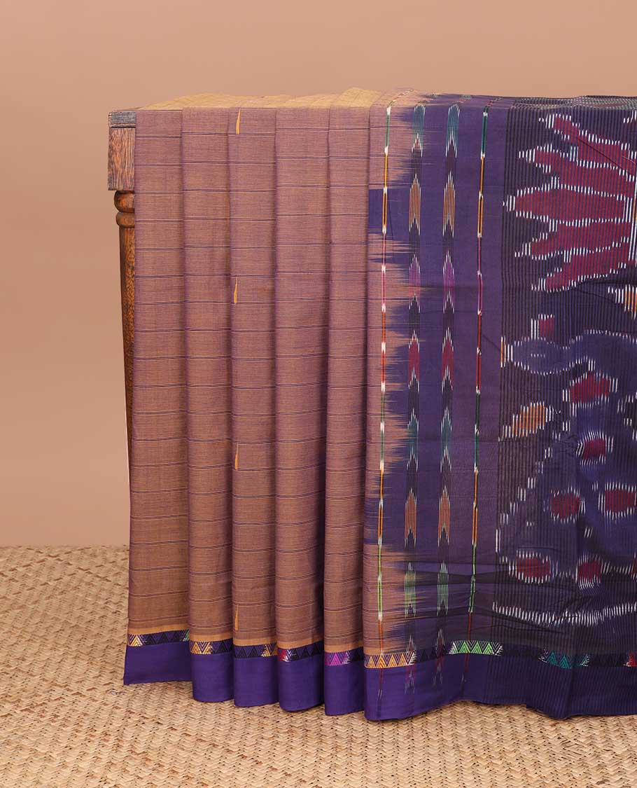 Brown striped, motifs coimbatore cotton saree with contrast temple border & ikkat style floral, peacock design pallu