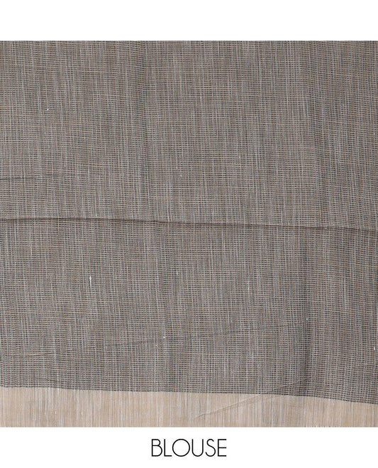 Light grey square buttas woven cotton saree, contrast plain border and pallu features a pink flower with stem motifs