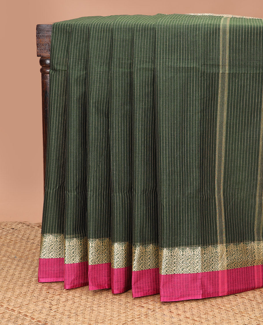 Green striped Bengal cotton saree, contrast intricately designed border, and striped pallu