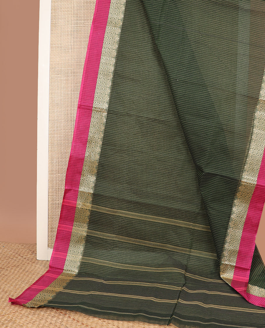 Green striped Bengal cotton saree, contrast intricately designed border, and striped pallu