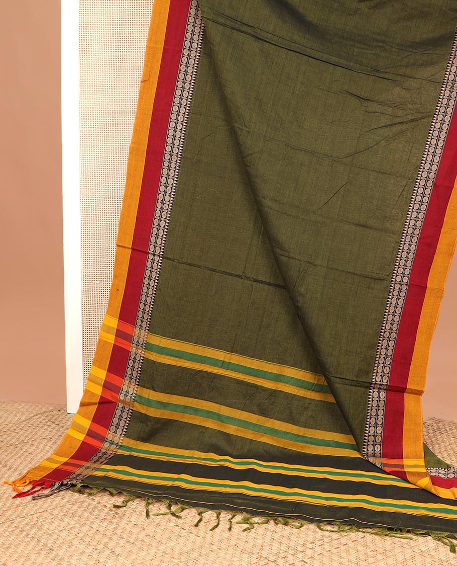 Green plain Narayanapet cotton saree, contrast rudraksham and temple motifs thread woven border, and striped pallu