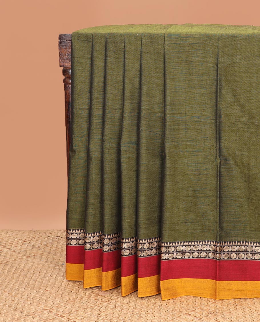 Green plain Narayanapet cotton saree, contrast rudraksham and temple motifs thread woven border, and striped pallu