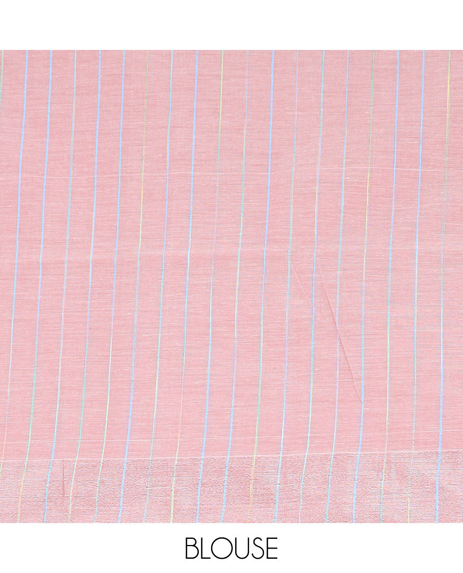 Blue heathered jute cotton saree, self-border, and contrast striped pallu