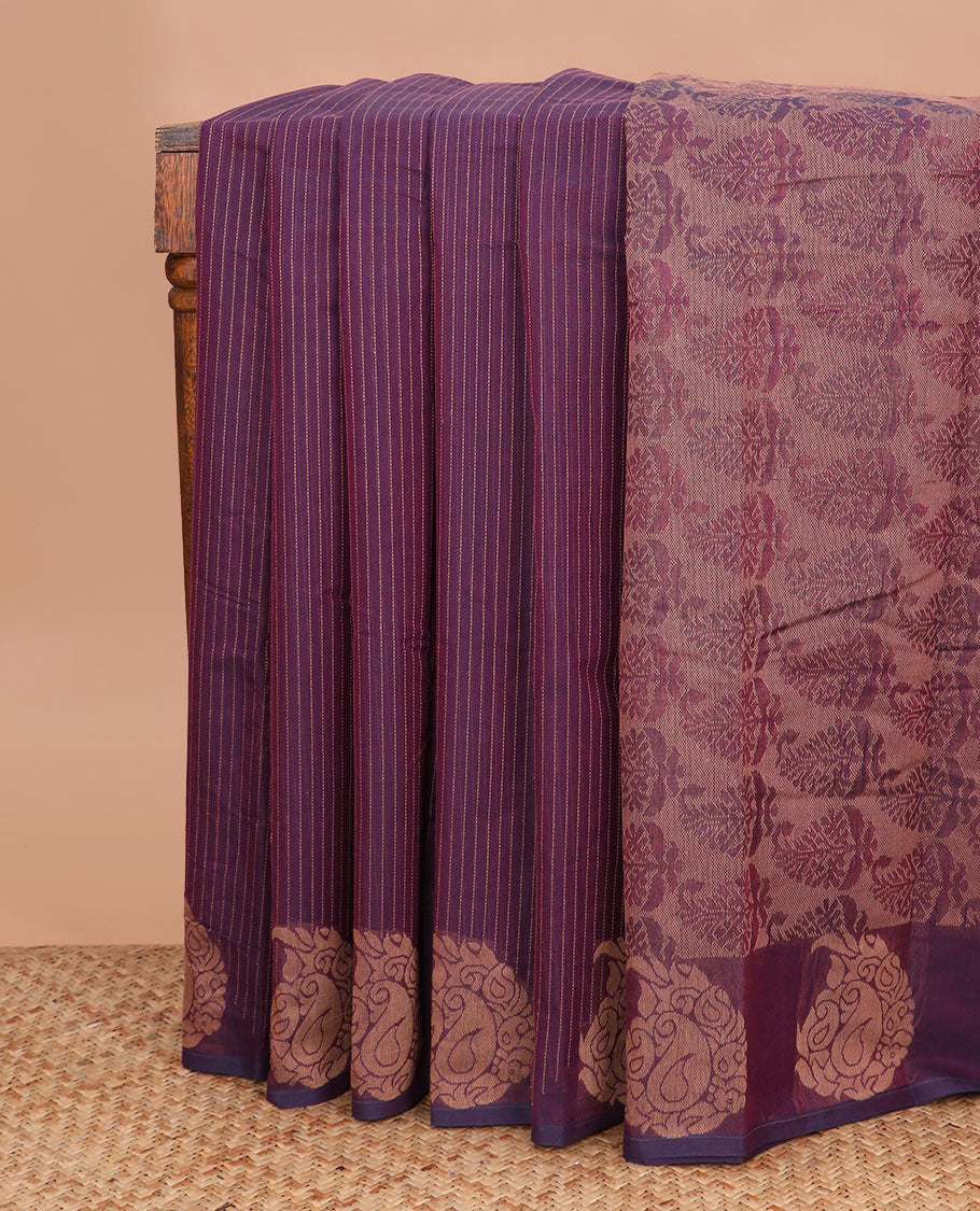 Borderless purple dotted stripes, and paisley motifs kanchi cotton saree, paisley design pallu