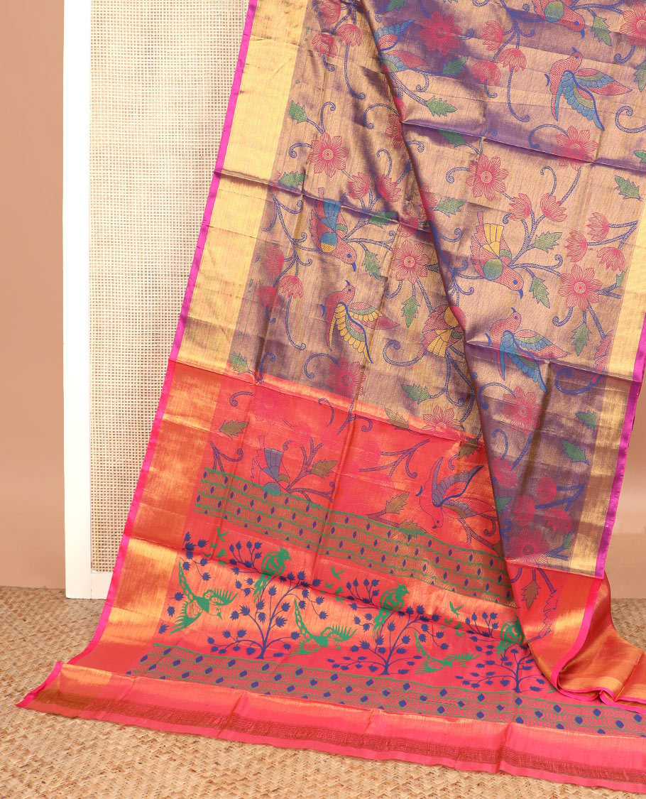 Grey floral vine and colorful bird printed Andhra cotton saree, bavanji border, and pallu of floral, and parrot print