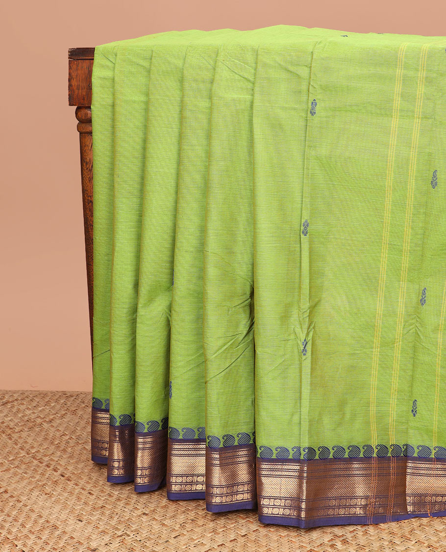 Parrot green buttas Chettinad cotton saree, contrast traditional design border, and striped pallu