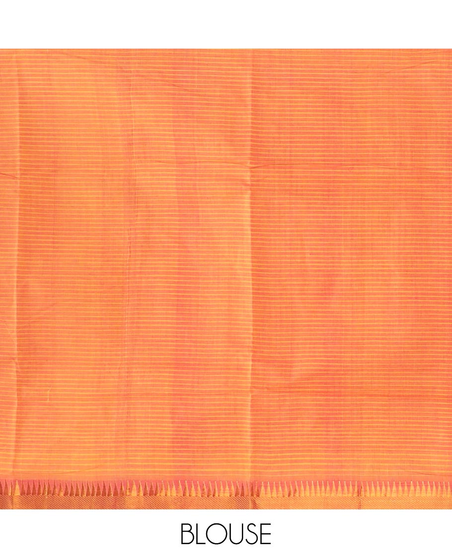 Rani pink vertical striped Mangalagiri cotton saree with temple zari border, and striped pallu