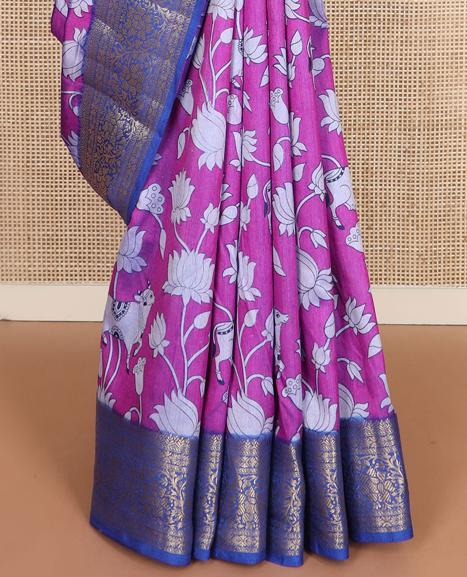 Purple Lotus vine and Pichwai cow motifs semi-banaras patola silk saree, contrast floral creeper zari border, and pallu of big peacock motifs