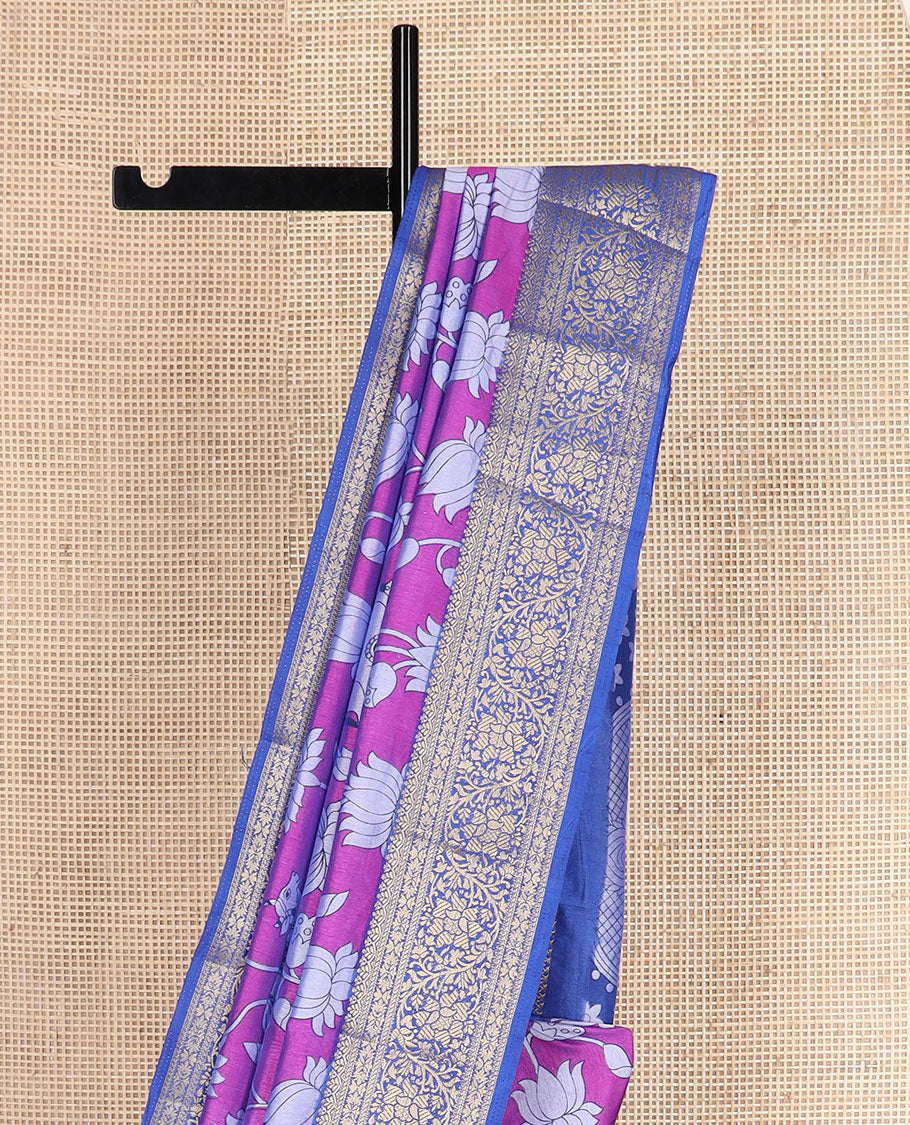 Purple Lotus vine and Pichwai cow motifs semi-banaras patola silk saree, contrast floral creeper zari border, and pallu of big peacock motifs